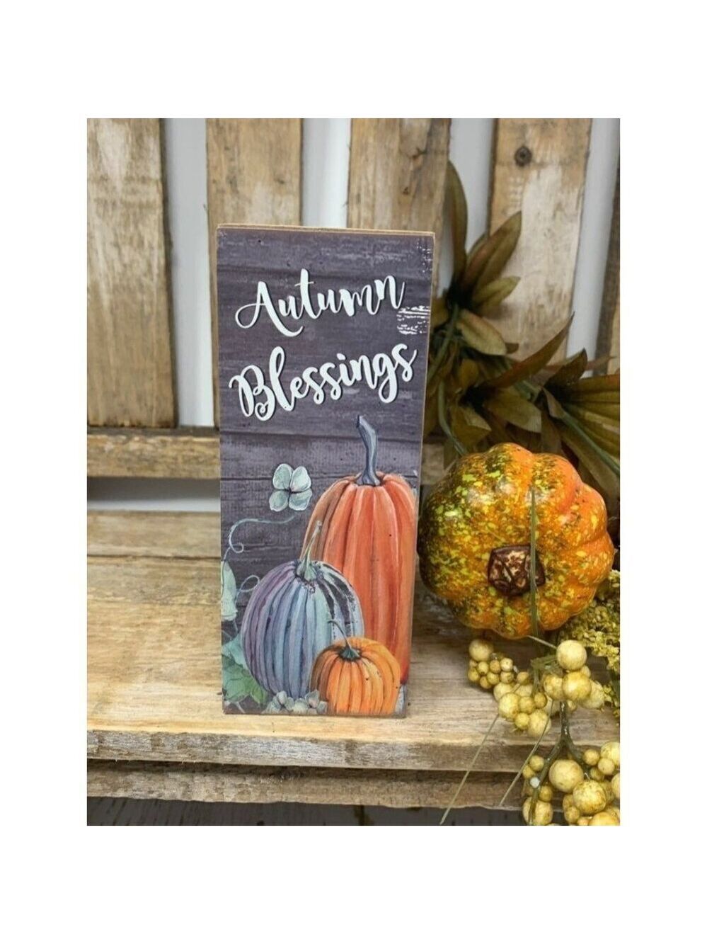 Autumn Blessings Mini Tiered Tray Sign 5 Inch Fall Holiday Pumpkins Farmhouse